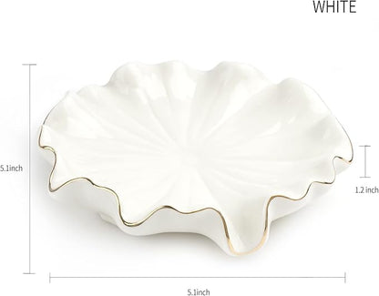 Ceramic Self Draining Soap Dish White Lotus Leaf Soap Holder Waterfall Soap Dish Soap Savers for Bar Soap, for Bathroom, for Shower, for Bar Counter