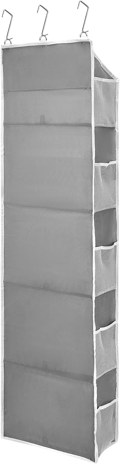 QWORK Over Door Organizer with 5 Large Pockets, 10 Mesh Side Pockets, Door Hanging Organizer for Diapers, Towels, 44lbs Weight Capacity, Grey
