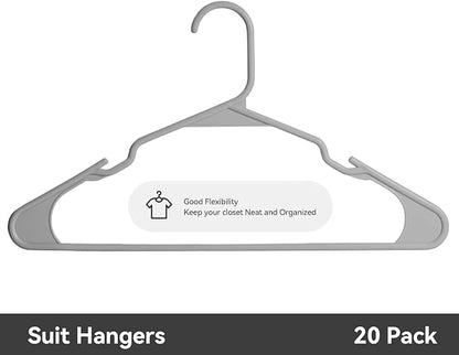 Plastic Hangers - 20 Pack, Durable Space Saving Hangers for Everyday Use and Dorm Room Essentials - Grey