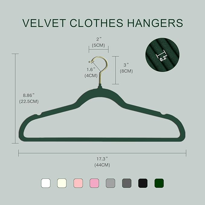 36 Packs Velvet Clothes Hangers, 17.3 Inches Non-Slip Skirt Hangers, Sturdy Dresses Hangers with Shoulder Notches, Space Saving Clothing Hangers for Adults, Dark Green with Gold Hook