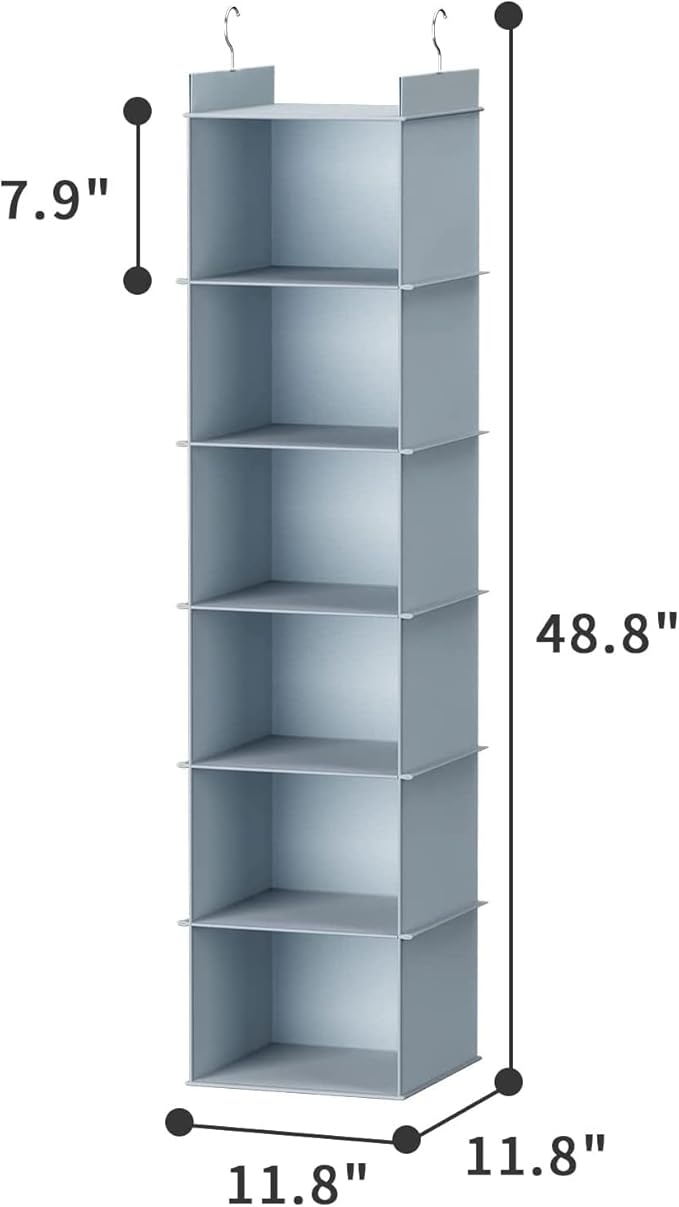 YOUDENOVA Hanging Closet Organizer and Storage, 6-Shelf Closet Hanging Storage Shelves, Grey