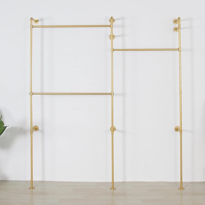 Modern Simple Industrial Pipe Double Hanging Rods Clothing Rack, Clothes Rack Wall Mounted Heavy Duty Hanging Clothes Rack, Detachable Garment Bar 93.7X84inch (Gold)