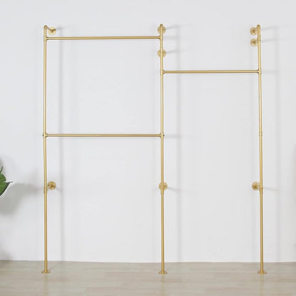 Modern Simple Industrial Pipe Double Hanging Rods Clothing Rack, Clothes Rack Wall Mounted Heavy Duty Hanging Clothes Rack, Detachable Garment Bar 93.7X84inch (Gold)