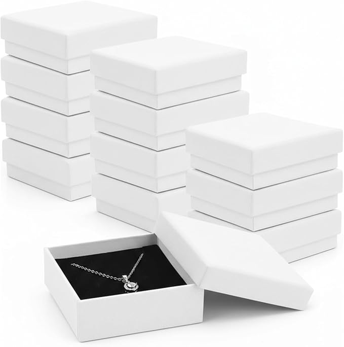 Rocutus Jewelry Gift Boxes for Necklace, Earring, Ring - Cotton Filled Cardboard Paper Jewelry Box Gift Cases for Wedding, 12 Pack Engagement, Gift Packaging, Luxury Jewelry Box, Ring Box (White)