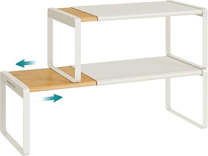 SONGMICS HOME Spice Racks, Expandable Cupboard Shelf Orgnizers, Kitchen Counter Shelves, Bamboo and Metal, Space-Saving Shelving, Stackable, Light Bamboo and Cream White UKCS051N01