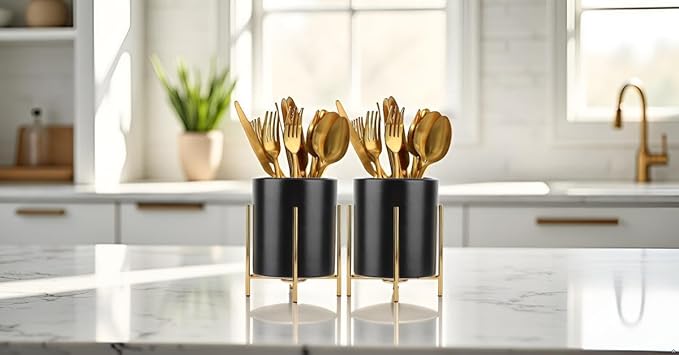 2pcs Sturdy Cutlery Holder White Ceramic With Metal Bracket Robust Silverware Caddy For Countertop - Spoon Holder Silverware Caddy