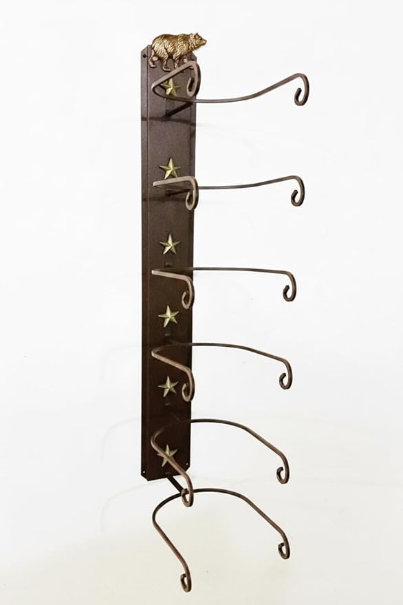 6-Hat Cowboy Hat Rack – Crown Down Wall Mount – Embossed Bear with Gold Hand Finish – American Made Steel