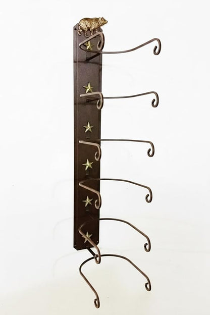 6-Hat Cowboy Hat Rack – Crown Down Wall Mount – Embossed Bear with Gold Hand Finish – American Made Steel