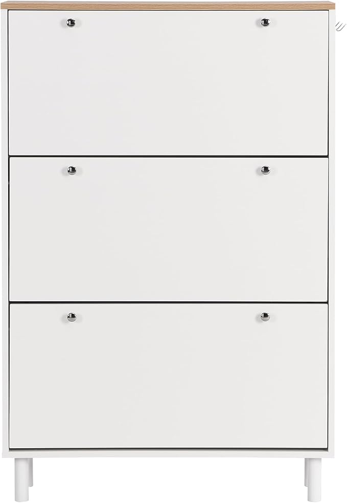 Contemporary Shoe Cabinet with 3 Flip Doors Free-Standing Wooden Shoe Rack Shoe Storage Organizer for Entryway Hallway Small Space (White&Natural)