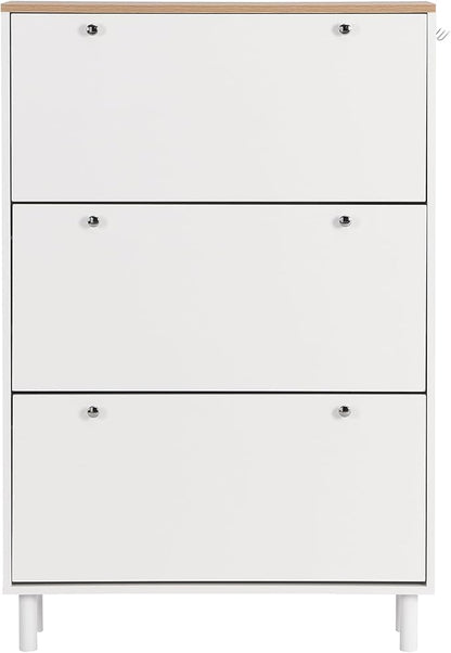 Contemporary Shoe Cabinet with 3 Flip Doors Free-Standing Wooden Shoe Rack Shoe Storage Organizer for Entryway Hallway Small Space (White&Natural)
