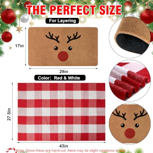 2-Piece Christmas Door Mat Set, Coir Welcome Mat & Red White Plaid Mat - Image 2