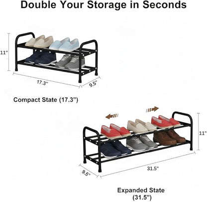 2-Tier Expandable Shoe Rack, 17.3"-31.5" Adjustable Length Metal Shoe Organizer, 9.4" Slim Wide Heavy Duty Shoe Shelf with 4cm Bottom Space for Slippers, Entryway, Closet (Black)
