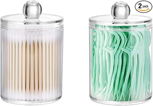 DAPOWER 2 Pack Qtip Holder Storage Canister for Cotton Ball, Cotton Swab, Pads, Floss; 10-Ounce Clear Plastic Apothecary Jar with Lid, Bathroom Makeup Organizer (2)