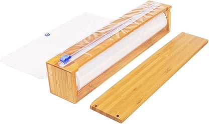 BigKing Wooden Plastic Wrap Dispenser with Cutter - Aluminum Foil Holder, Wax Paper Storage Box for Refrigerator, Kitchen Bamboo Organizer, Compatible with 13" Roll