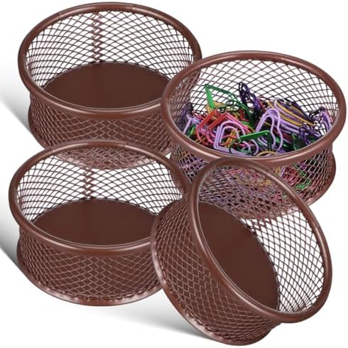 VILLCASE 4-Pack Rose Gold Wire Mesh Paper Clip Holder 3.54In Stackable Desk Organizer – Space-Saving Round Storage for Binder Clips, Push Pins, Hair Ties, Jewelry – Compact Home Office, Dorm, Vanity by VILLCASE