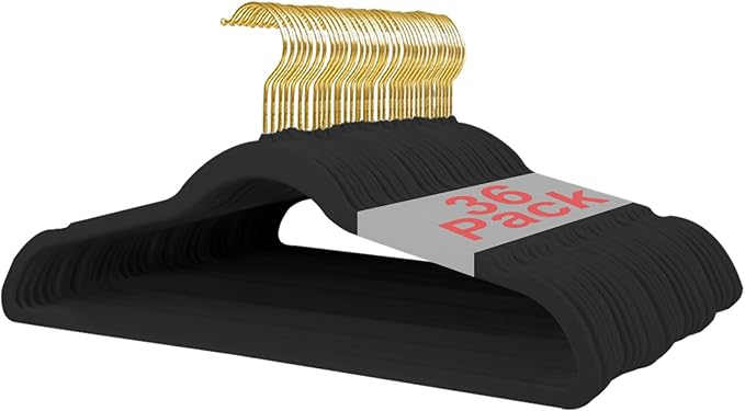 36 Packs Velvet Clothes Hangers, 17.3 Inches Non-Slip Skirt Hangers, Sturdy Dresses Hangers with Shoulder Notches, Space Saving Clothing Hangers for Adults, Black with Gold Hook