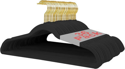 36 Packs Velvet Clothes Hangers, 17.3 Inches Non-Slip Skirt Hangers, Sturdy Dresses Hangers with Shoulder Notches, Space Saving Clothing Hangers for Adults, Black with Gold Hook