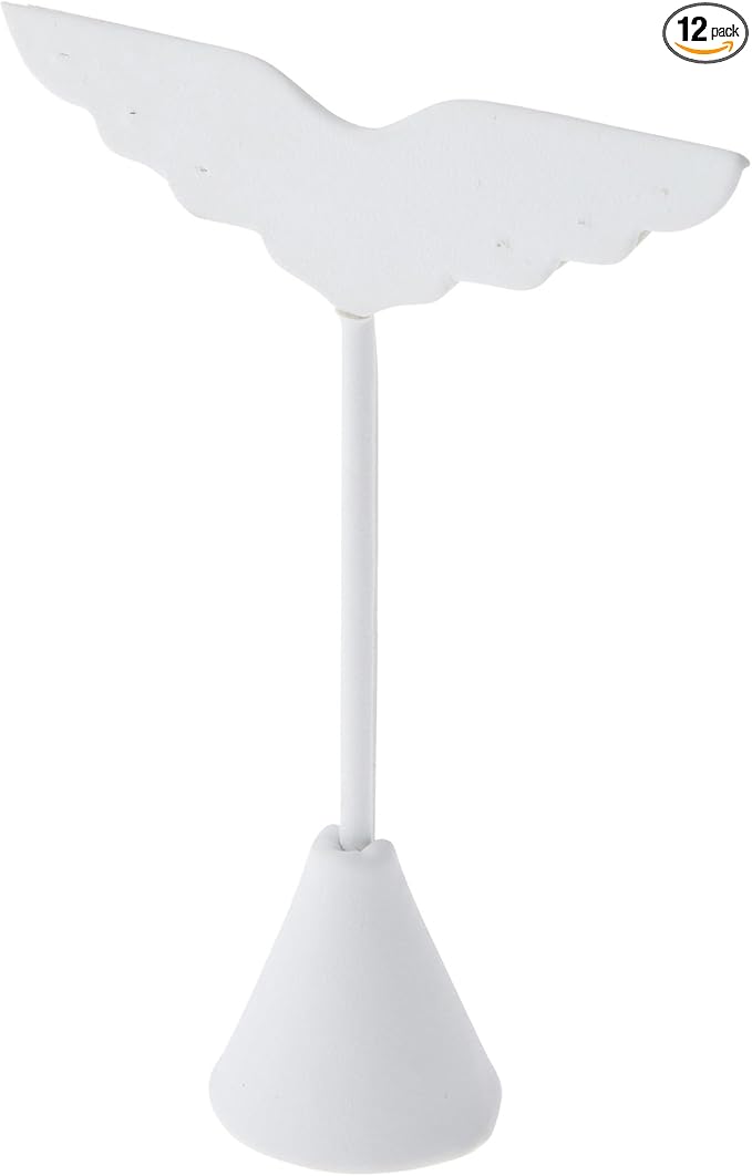 Plymor White Faux Leather Wing Shaped, Three Pair Earring Display Stand, 3" W x 1.25" D x 4.75" H (Pack of 12)