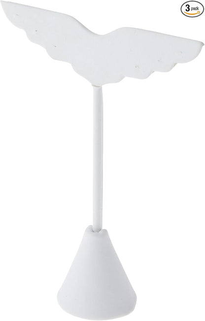 Plymor White Faux Leather Wing Shaped, Three Pair Earring Display Stand, 3" W x 1.25" D x 4.75" H (Pack of 3)
