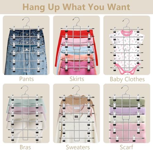 Pants Hangers with Clips,Space Saving Hanging Closet Organizer-6 Tiers Skirt Hangers with 360° Swivel Hook,Closet Organizer-Clothes Hangers - Image 4