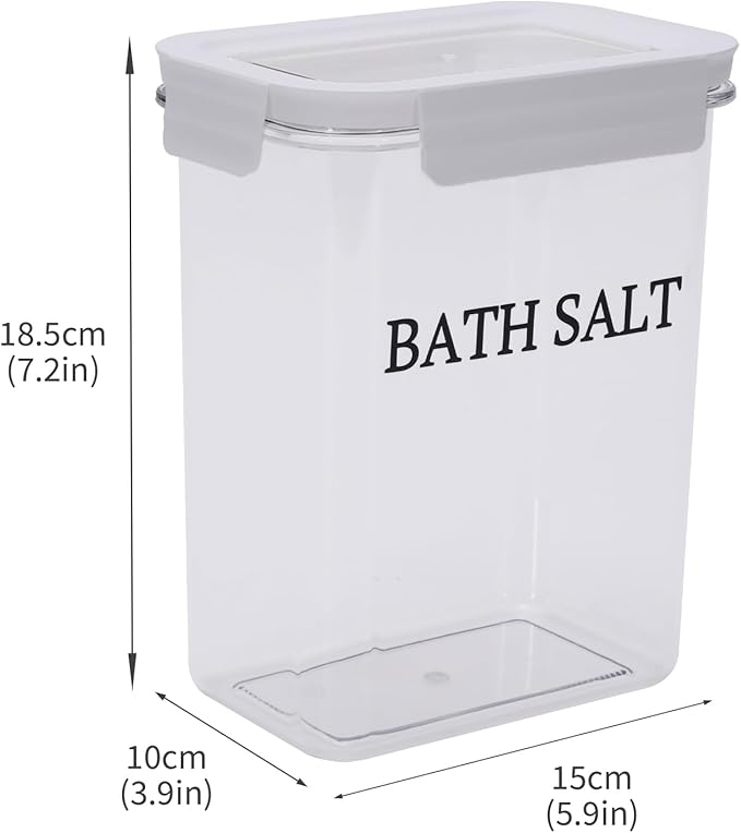 61 oz Bath Salt Jar, Plastic Bath Salt Container with Scoop, Airtight Storage with Locking Lids, Stackable Clear Canister for Epsom Salt, Bathtub Accessories