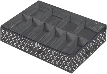 NUOBESTY Foldable Shoes Storage Box with Zipper and Window Large Capacity Non-woven Underbed Shoe Organizer Black Cross Pattern Reusable for Home Closet Storage
