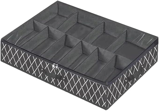NUOBESTY Foldable Shoes Storage Box with Zipper and Window Large Capacity Non-woven Underbed Shoe Organizer Black Cross Pattern Reusable for Home Closet Storage