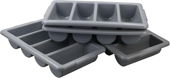 Begale 4-Pack Plastic Commercial Cutlery Bin, 4-Compartment Cutlery Bin, Gray