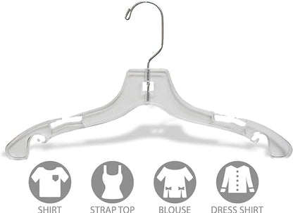 Clear Plastic Junior Top Hanger, (Box of 25) Small 14 inch Space Saving Teen Shirt Hangers with Notches and 360 Degree Chrome Swivel Hook
