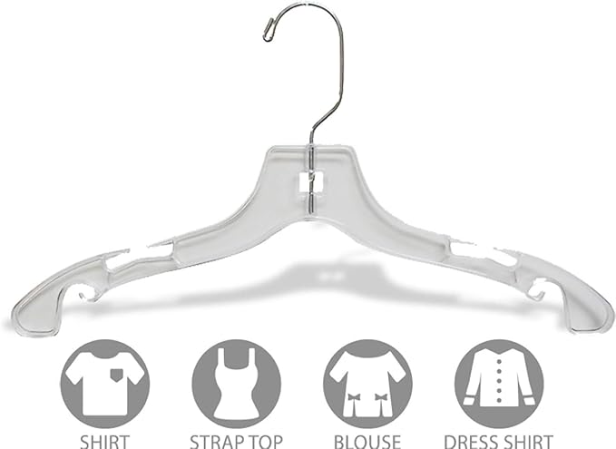 Clear Plastic Junior Top Hanger, (Box of 50) Small 14 inch Space Saving Teen Shirt Hangers with Notches and 360 Degree Chrome Swivel Hook