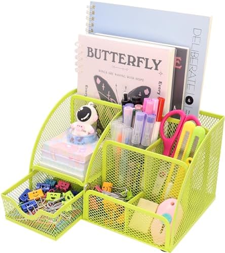Boutilon Mesh Desk Organizer Desktop Office Supplies Stationary Organizer with 6 Compartments and 1 Drawer Multi-Functional Caddy Pen Holder for Home Office School Desk Decor(Fruit Green) by Boutilon