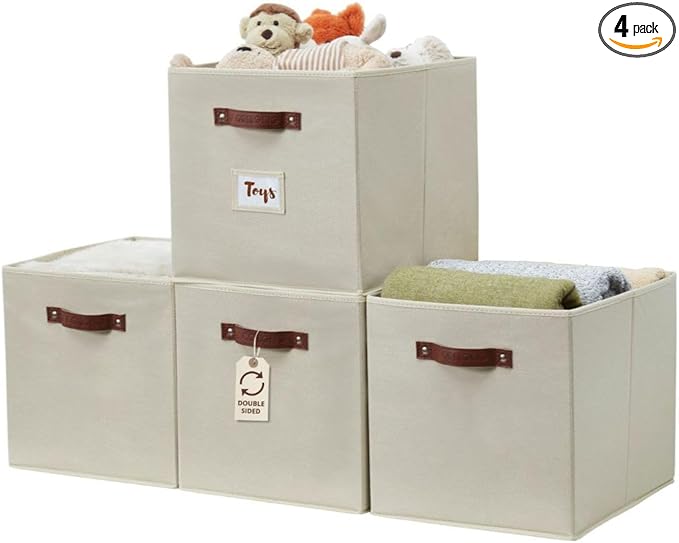 DECOMOMO Storage Baskets, 13x15x13 Storage Cube Bins with Labels for Organizing Shelves Kallax (Kallax / 4pcs, Beige)