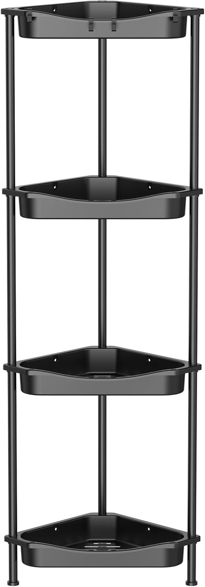HuggieGems 4 Tier Floor Standing Corner Shower Caddy Organizer Shelf with Hooks, Bathroom Shelves Stand Rack, Jet Black