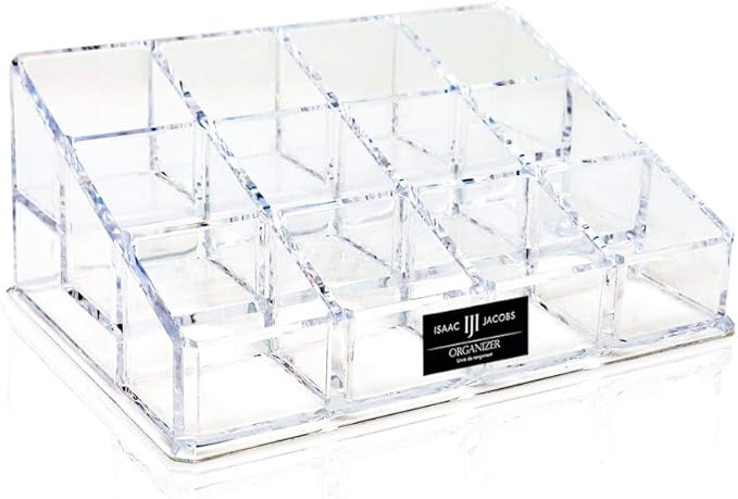 Isaac Jacobs Clear Acrylic 12 Compartment Nail Polish Holder, Organizer for Makeup, Essential Oils, Storage Solution, Rack Display (3 Rows (x4))