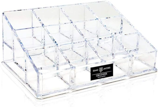 Isaac Jacobs Clear Acrylic 12 Compartment Nail Polish Holder, Organizer for Makeup, Essential Oils, Storage Solution, Rack Display (3 Rows (x4))