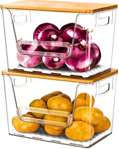 2 Set Pantry organizers and Storage,Trash Bag Holder Under sink Organizer for 4-13 Gal Bags,Trash Bag Dispenser with Bamboo Lids and Stackable Clear Bins for Potato, Onion, Garlic, Fruit, Vegetables by NITOOR