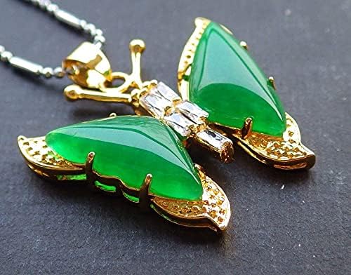 Yellow Gold Plate CHINESE Green JADE Pendant Butterfly Diamond Imitation 100790, 33mm X 23mm X 7mm