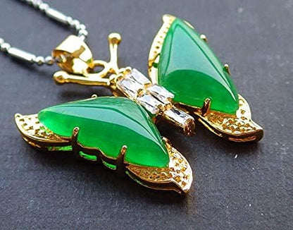 Yellow Gold Plate CHINESE Green JADE Pendant Butterfly Diamond Imitation 100790, 33mm X 23mm X 7mm