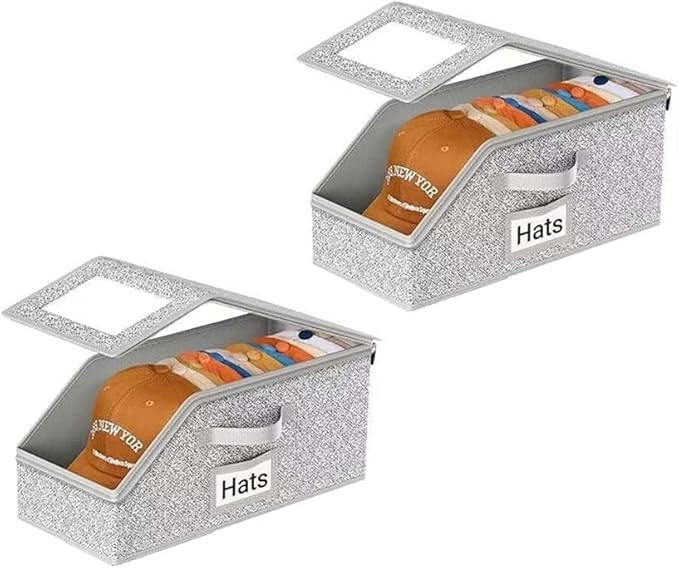 Hat Organizer for Baseball Caps, Stackable Hat Storage Box with Clear Window Lid, Baseball Cap Organizer for Closet, Breathable Cap Holder Container for Snapback, Trucker & Fitted Hats (2PCS)