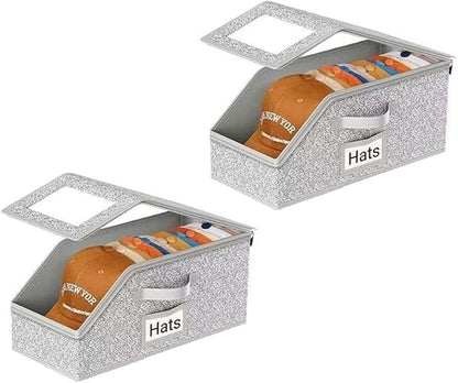 Hat Organizer for Baseball Caps, Stackable Hat Storage Box with Clear Window Lid, Baseball Cap Organizer for Closet, Breathable Cap Holder Container for Snapback, Trucker & Fitted Hats (2PCS)