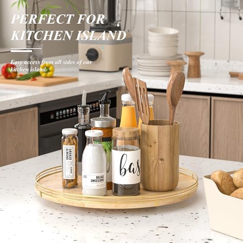 AMH 18-Inch Rustic Lazy Susan with Solid Oak Base and Gold Iron Rail - Image 2