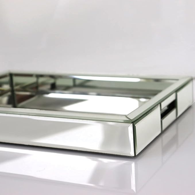 Rectangle Silver Mirror Decorative Tray Size 11” Length x 14” Width x 2” Height, Mirrored Vanity Organizer with Hand, Markup Perfume Jewelry Tray for Bathroom Bedroom Dresser Coffee Table qmdecor