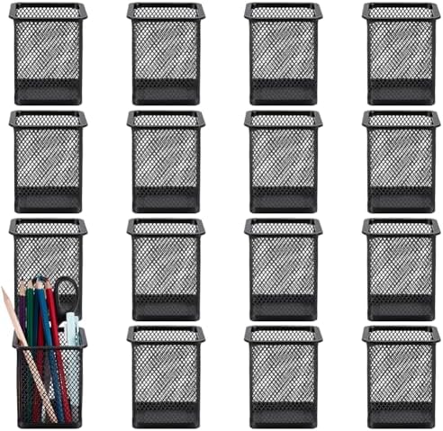 16 Pack Square Black Pen Holder, Metal Mesh Pencil Cups Bulk Pencil Holder Organizer Mesh Pen Holder for Desk Office Supplies School Classroom Desktop Accessories Makeup Brush by INTERWARM
