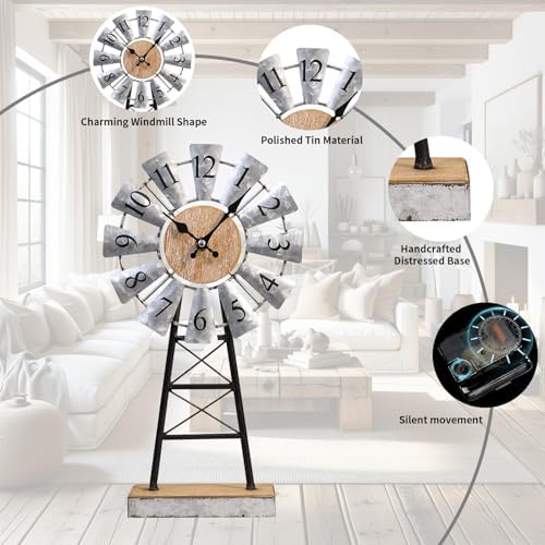 Rustic Windmill Table Clock for Living Room Decor, Vintage Galvanized Metal & Wood Desk Clock with Silent Quartz Movement, Farmhouse Windmill Decor for Living Room, Mantel, Shelf & Office - Image 3