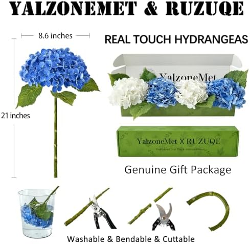 YalzoneMet 4Pcs Real Touch Hydrangea Artificial Flower Natural Lifelike 21'' Latex Long Stem Latex Hydrangea Flower Bouquets for Home Party Wedding Table Centerpiece Decor（2 White+2 Dark Blue） - Image 3
