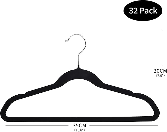 ManGotree 14 Inch Kids Velvet Hangers for Closet, Ultra-Thin Space Saving Children's Clothes Hangers, Non-Slip Felt Toddler Hanger for Youth's Clothes (32 Pack, Black)