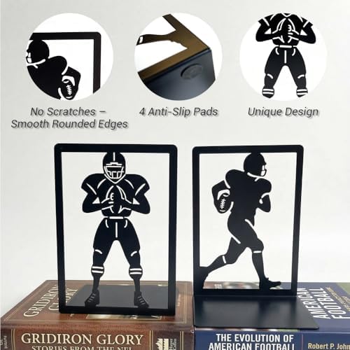 Metal Decorative Bookends Set, Spider Web & Football Player Silhouette, Sturdy Non-Slip Book Holders for Shelves, Black (Sports Football - 1 Pair (2 Pcs)) - Image 3