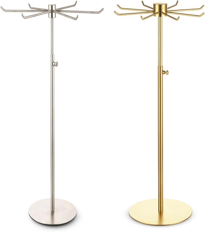 Rotating Keychain Display Stand - Height-adjustable Brushed Silver Metal Jewelry Organizer - Long Necklace Display Stand with 6 Hook - Scratch-resistant Display Racks for Craft Shows