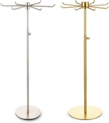 Rotating Keychain Display Stand - Height-adjustable Brushed Silver Metal Jewelry Organizer - Long Necklace Display Stand with 6 Hook - Scratch-resistant Display Racks for Craft Shows