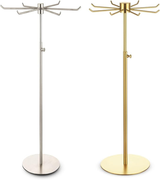 Rotating Keychain Display Stand - Height-adjustable Brushed Silver Metal Jewelry Organizer - Long Necklace Display Stand with 6 Hook - Scratch-resistant Display Racks for Craft Shows